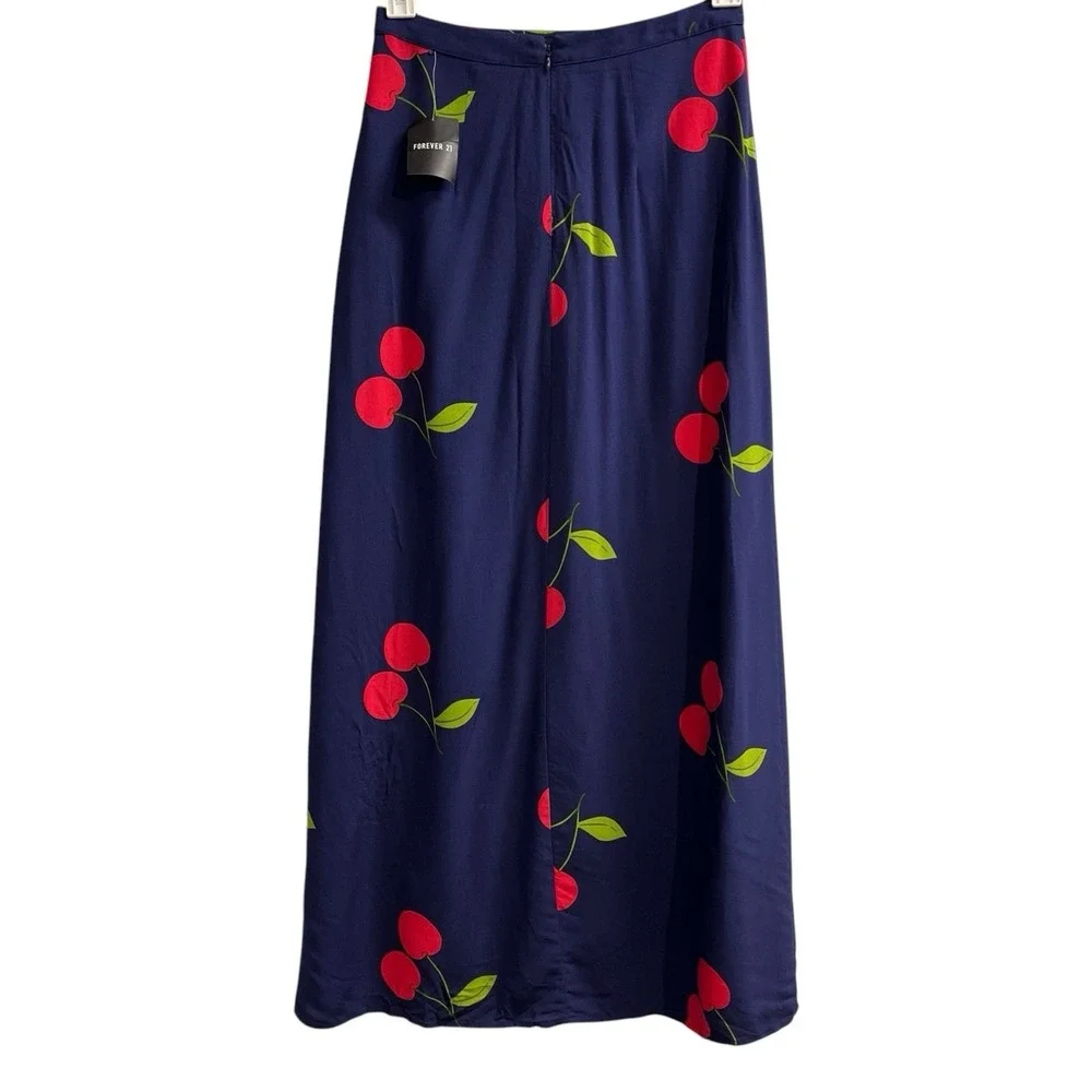 Forever 21 Y2K Skirt Womens M Cherry Print Maxi‎ High Slit Retro Festival Rave